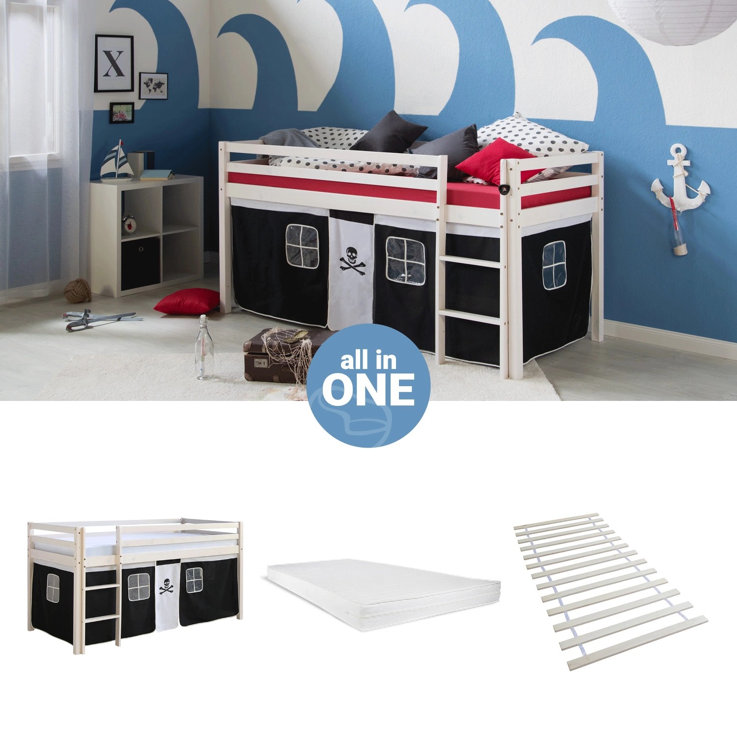 Homestyle4u Hochbett 90x200 mit Vorhang Lattenrost Matratze in Weiß Pirat 2 günstig online kaufen