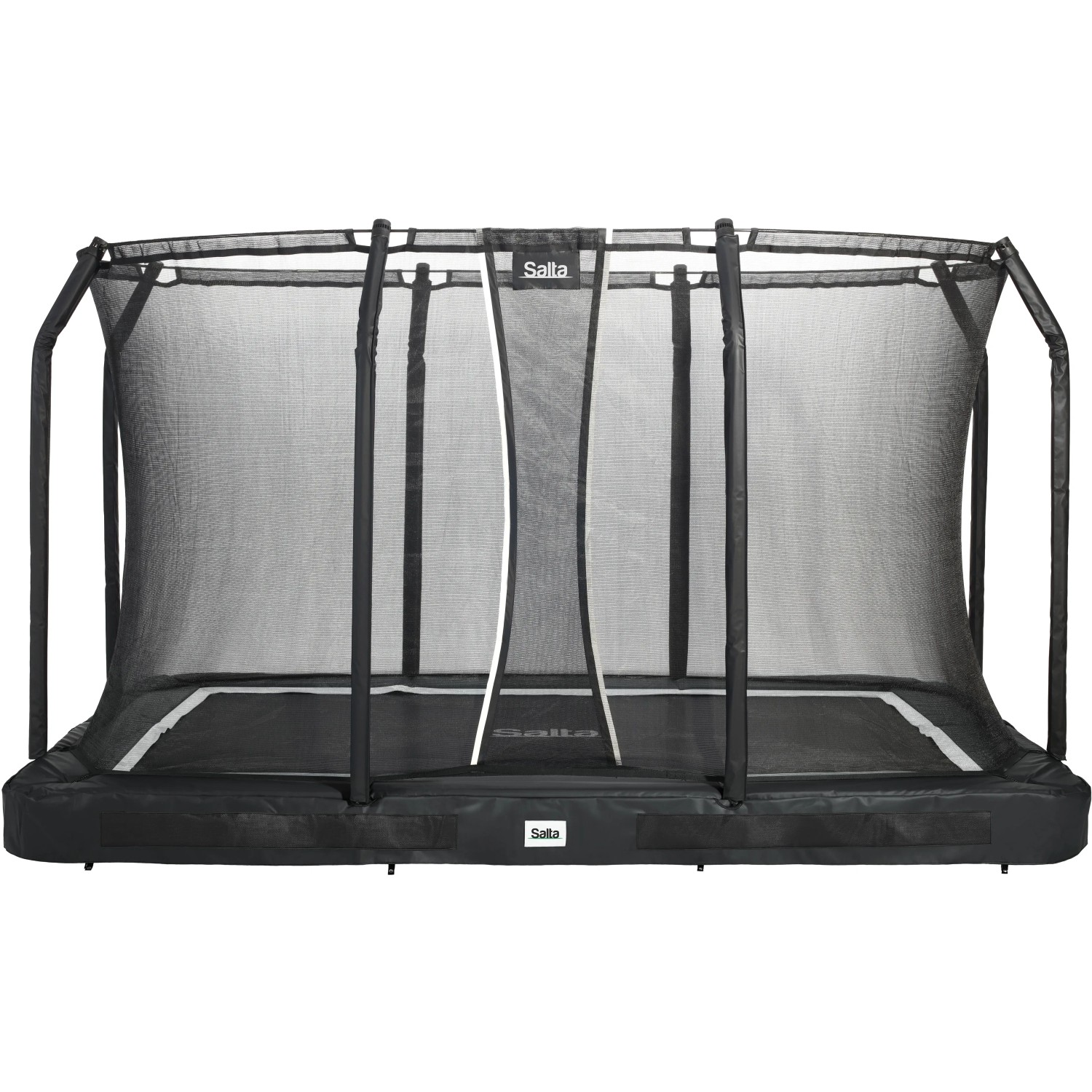 Schwarzes Salta Premium Ground Trampolin, 366x244 cm, mit Sicherheitsnetz für den Garten.