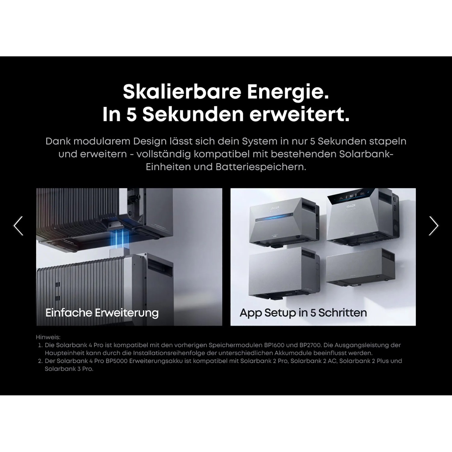 Anker Solix Solarbank 4 E5000 Pro modularer Energiespeicher, stapelbar, einfache Erweiterung und App-Setup.