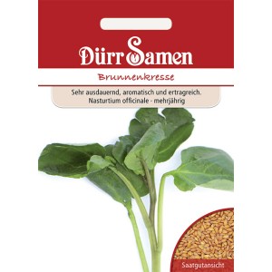 Dürr Samen Brunnenkresse: Saatgutpackung mit Kresse und Saatgutansicht.