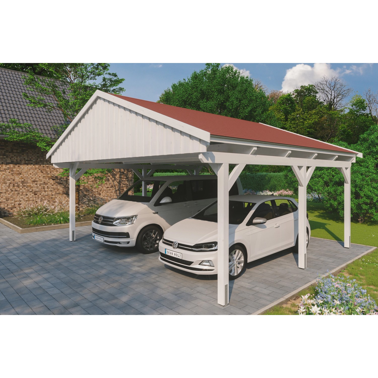 Skan Holz Carport Fichtelberg 618 cm x 566 cm Rote Schindeln Weiß günstig online kaufen