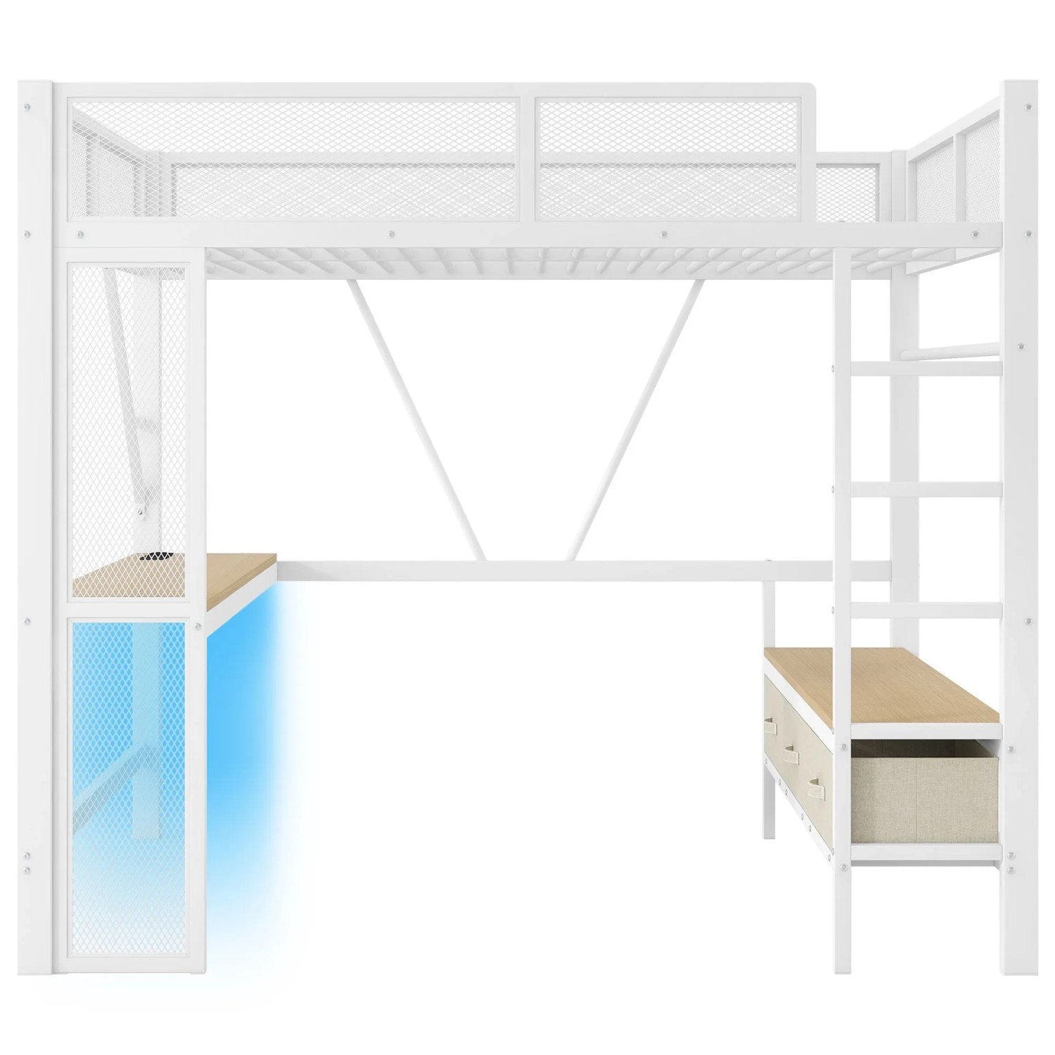 Merax Gaming Hochbett 140x200 cm Metall mit USB LED Schreibtisch Kleiderschrank Weiß