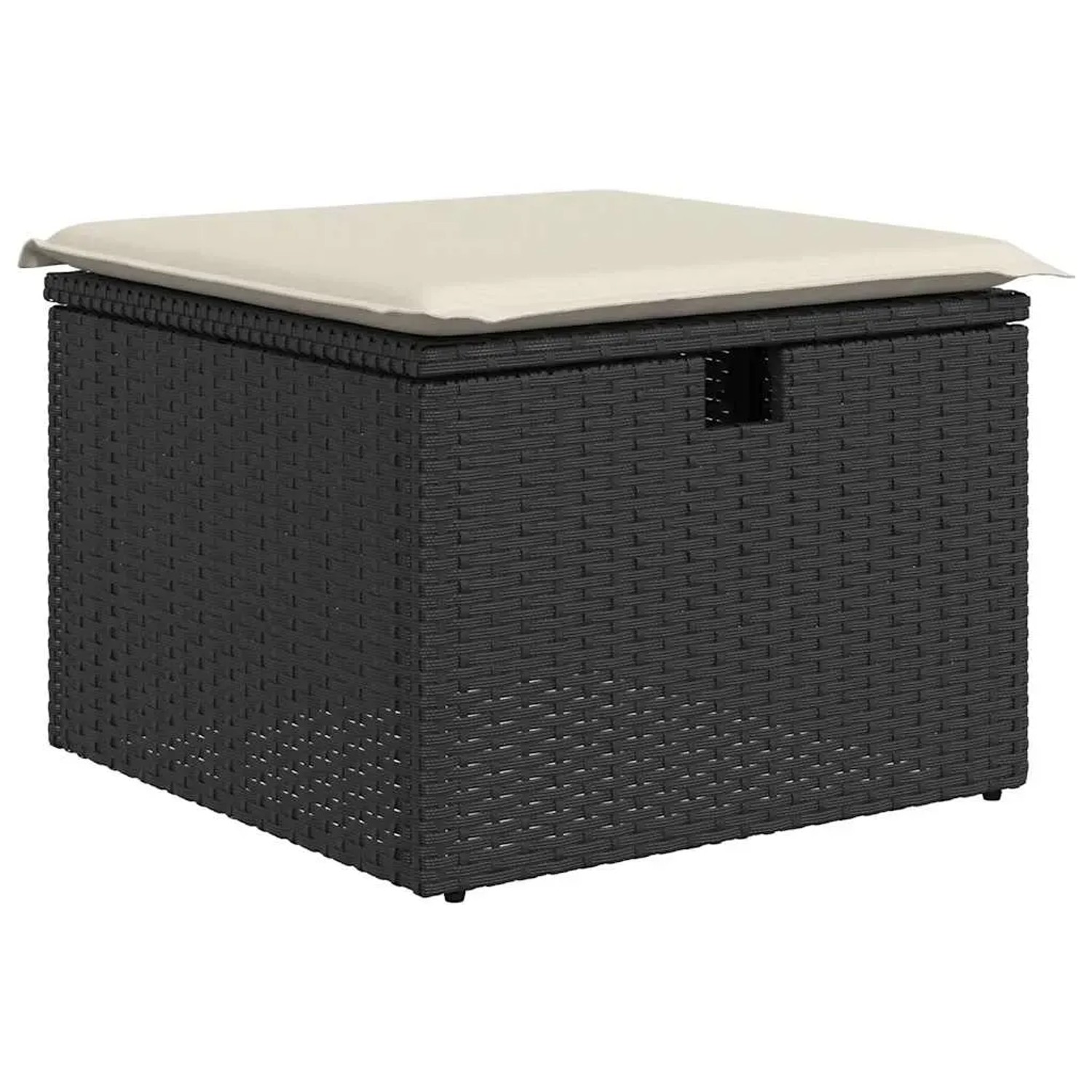 Schwarzer vidaXL Gartenmöbel-Fußhocker aus Rattan mit cremefarbenem Kissen und Stauraum.