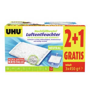 UHU Luftentfeuchter Nachfüllbeutel, 3er Pack. Ideal gegen Feuchtigkeit und muffige Gerüche.