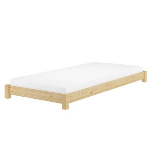 Massivholzbett, Kiefer, 90x200 cm mit Rollrost. Einzelbett im Japandi Stil.