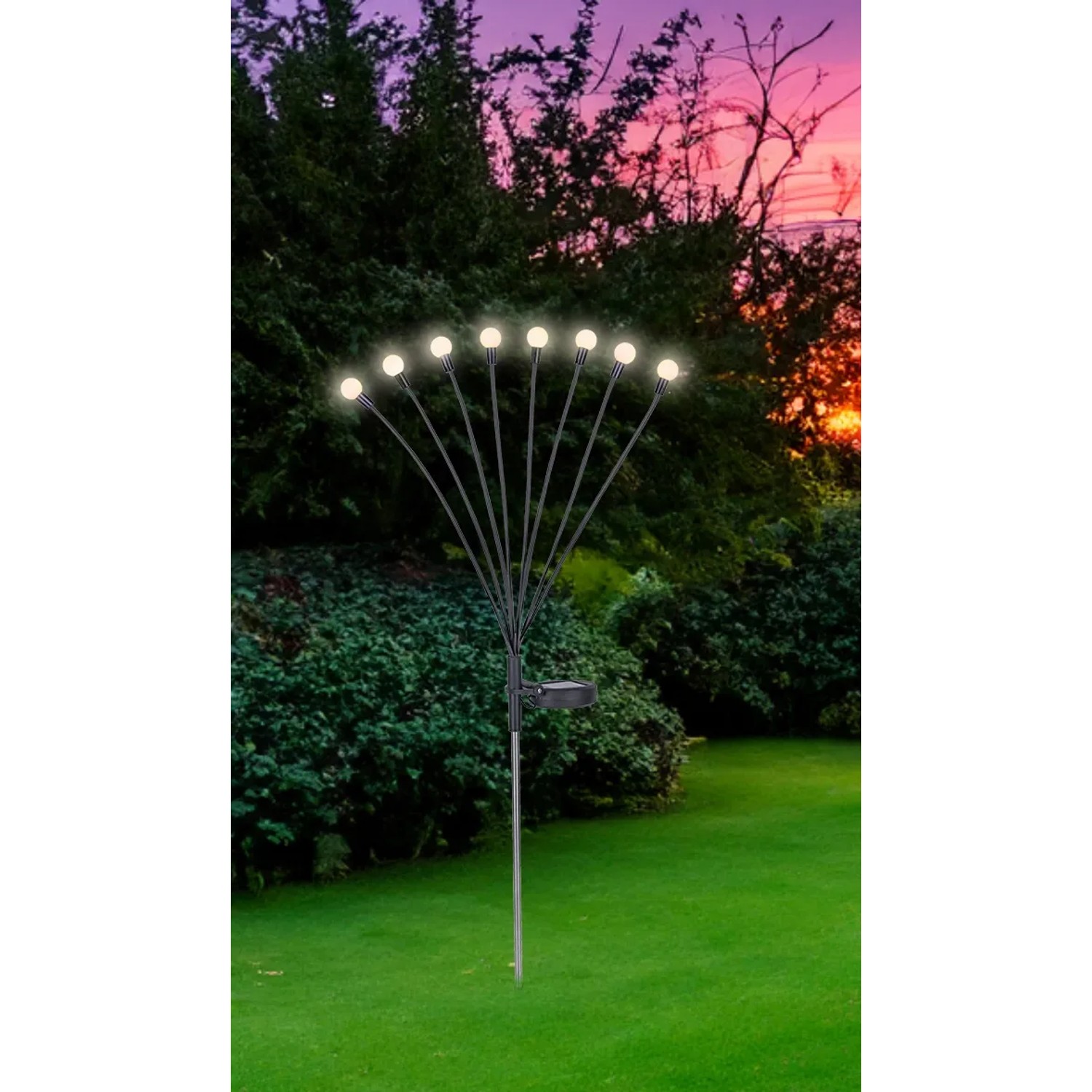 Edelstahl Solarleuchte, beweglich, 70 cm hoch, mit acht LED-Leuchten im Garten.