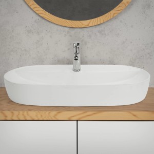 Weißes, ovales ML-Design Keramik Waschbecken 80x40 cm mit Ablaufgarnitur auf Waschtisch.