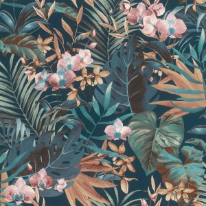 Rasch Vliestapete Salsa 833133 mit Blättern und Blüten in Nachtblau, Grün-, Rot- und Brauntönen.