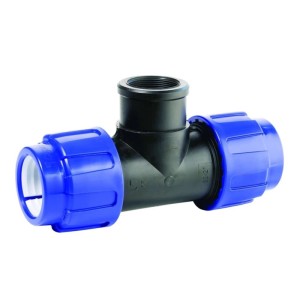 Cepex PP PE Rohr T-Stück 25x1 Zoll IGx25mm, schwarz mit blauen Überwurfmuttern. Klemmfitting für PE-Rohre.