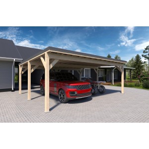 Holzbrüder Doppelcarport Ralf Natur mit PKW und Quad unter dem dunkelgrauen Blechdach.