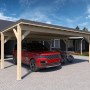 Holzbrüder Doppelcarport Ralf Natur mit PKW und Quad unter dem dunkelgrauen Blechdach.