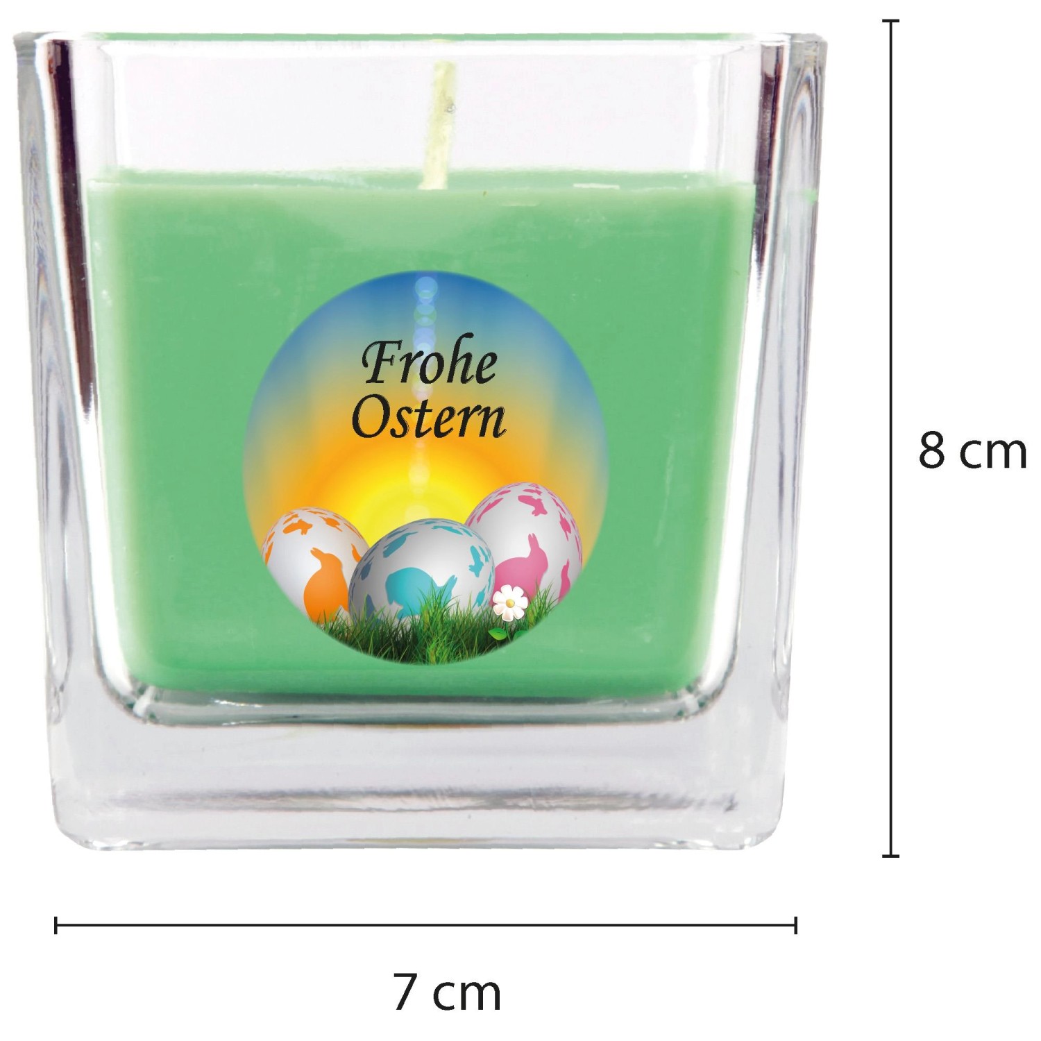 Viereckige Duftkerze "Frohe Ostern" im Glas (8x7,5cm) mit Coconut Limes Duft und Ostereier-Motiv.