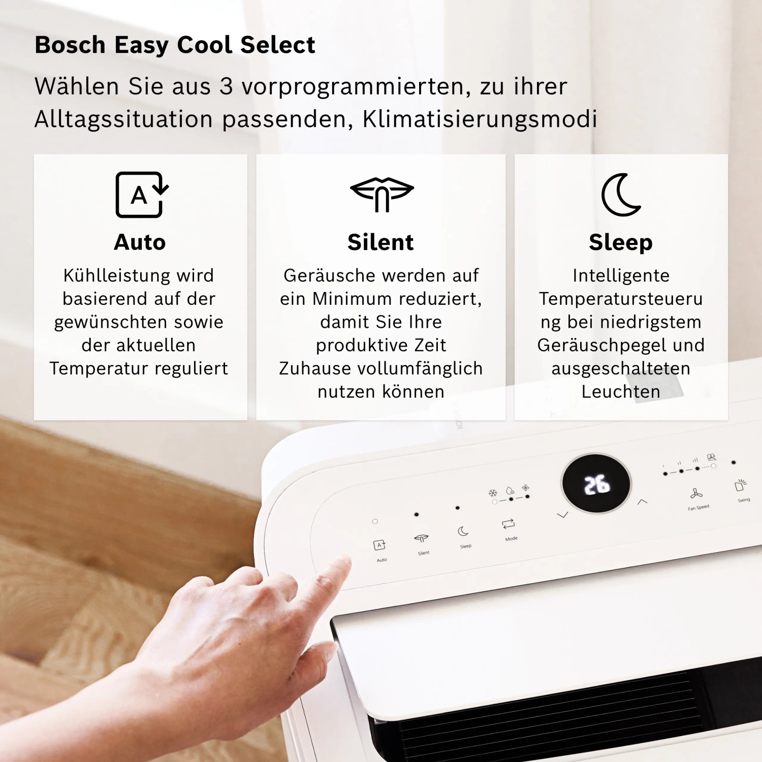 Weißes Bosch Klimagerät Cool 2000 mit Display und Hand, die einen Modus auswählt.