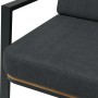 Detailaufnahme: Sitzkissen und Armlehne des schwarzen Lounge-Sets Olary aus Akazienholz.