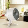 Weißer Shark FlexBreeze Ventilator als Tischventilator in Küche, kabellos und tragbar.
