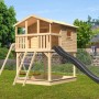 Karibu Stelzenhaus Benjamin mit Rutsche und Schaukelanbau in Natur und Anthrazit.