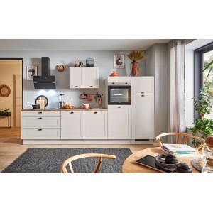 Moderne pino Küchenzeile in Kaschmirgrau matt, 320 cm breit, mit Elektrogeräten und Spüle.
