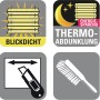 Symbole für Gardinia Easy Fix Plissee: blickdicht, Thermo-Abdunklung, kürzbar, Reinigung.