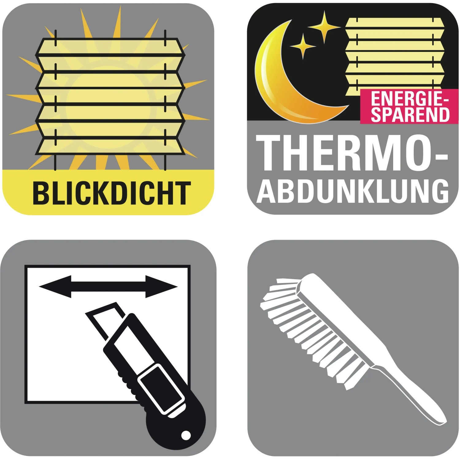 Symbole für Gardinia Easy Fix Plissee: blickdicht, Thermo-Abdunklung, kürzbar, Reinigung.