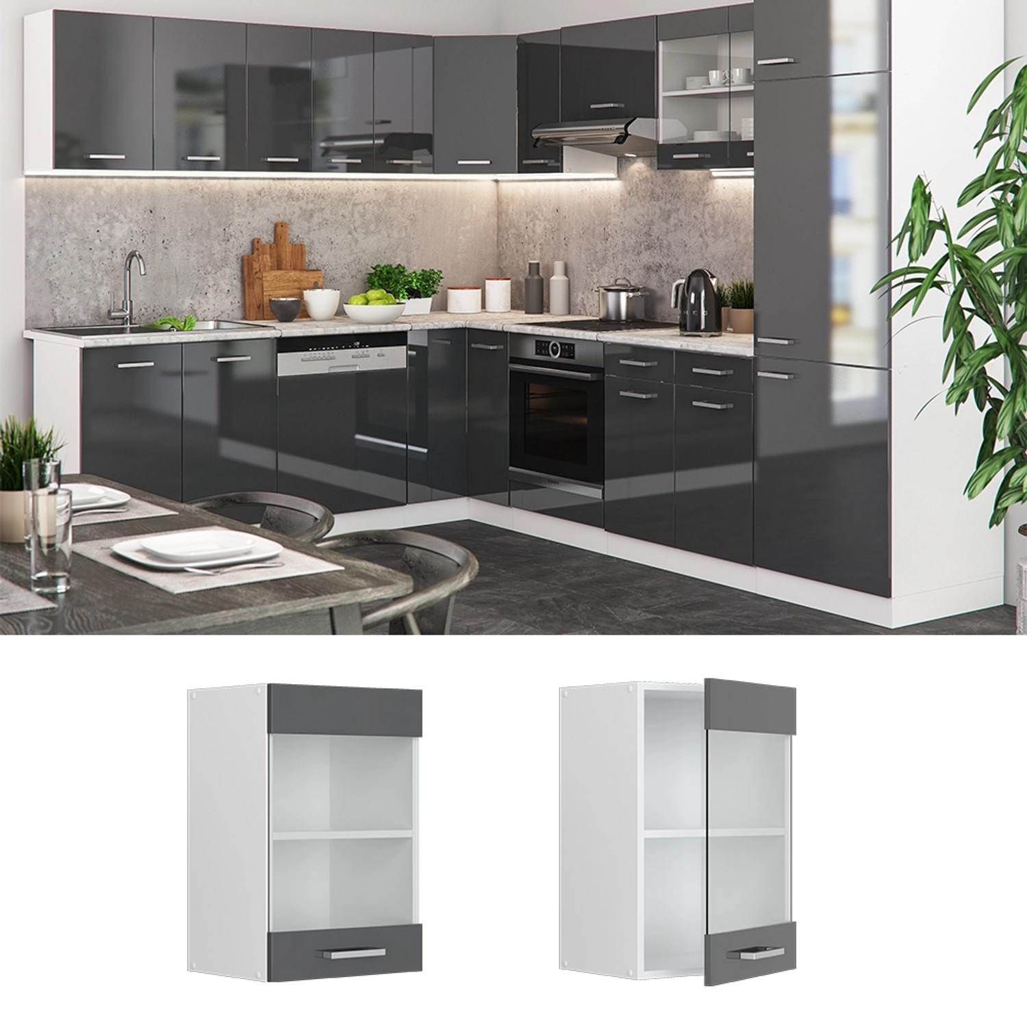 Vicco Küchenglasschrank R-Line, Hängeschrank in Anthrazit Hochglanz/Weiß, 40 cm breit.