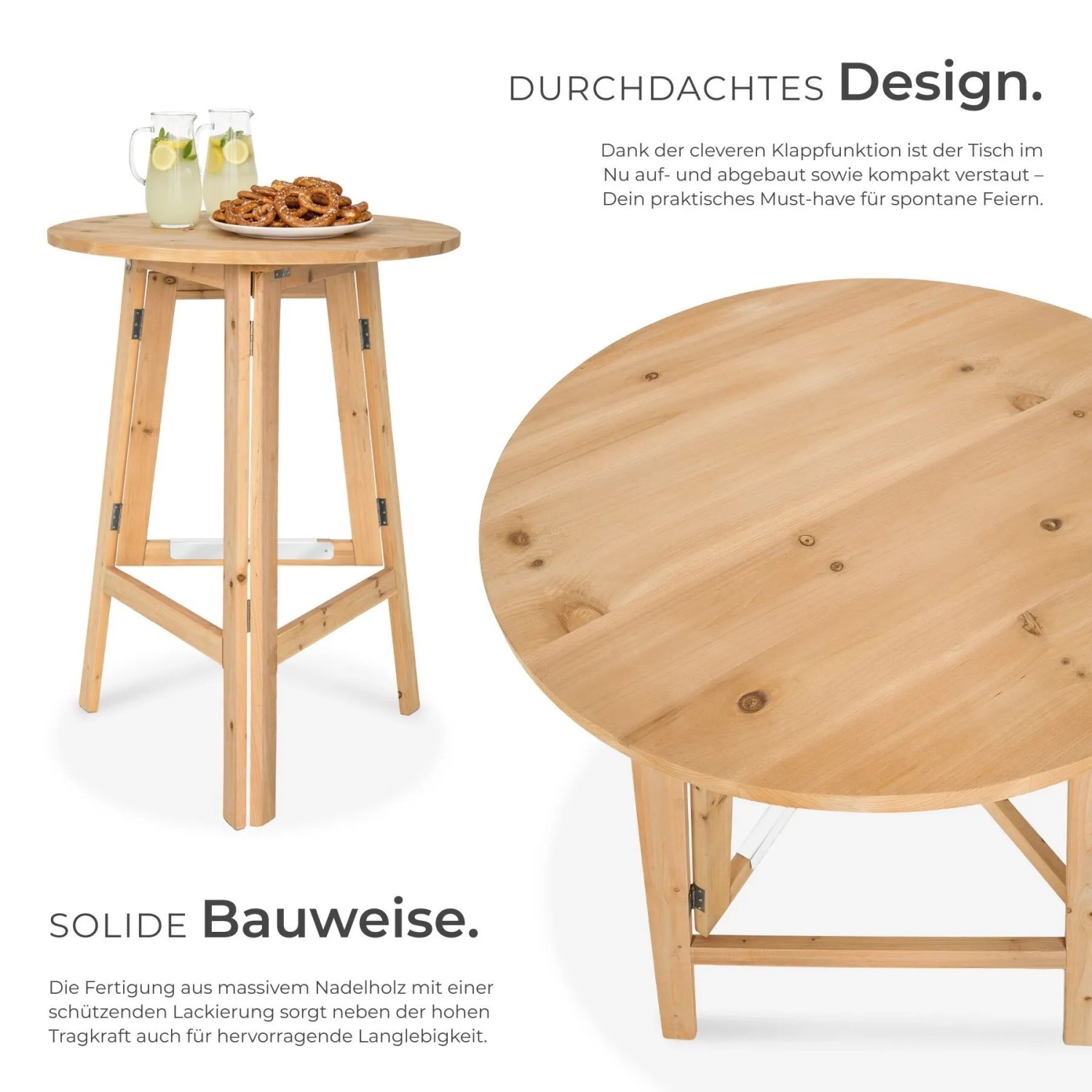 Runder, klappbarer Tectake Stehtisch aus braunem Nadelholz mit Getränken. Robust & platzsparend für Partys.
