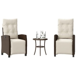 Braunes 3-tlg. vidaXL Bistro-Set aus Polyrattan mit cremefarbenen Kissen für Garten oder Balkon.