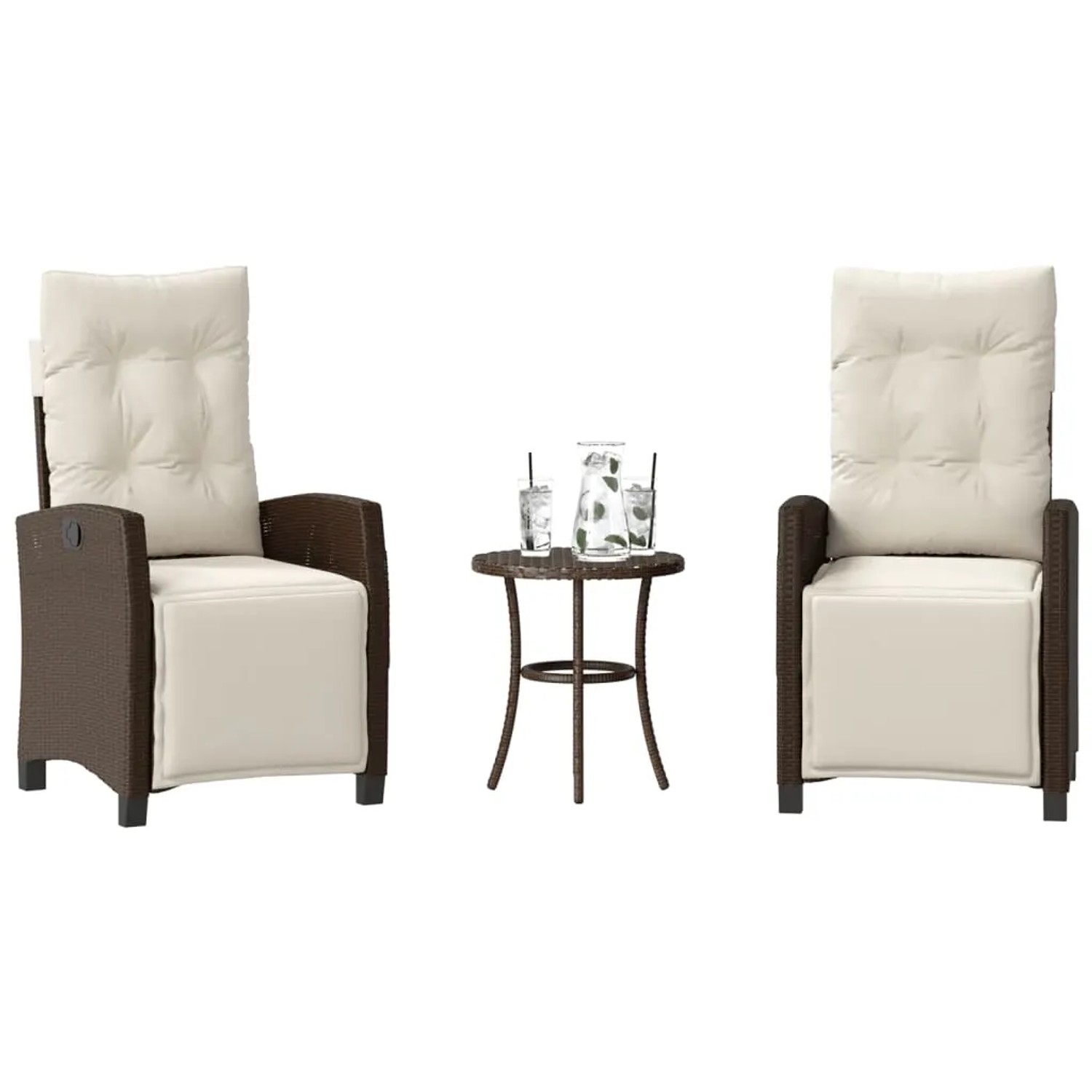 Braunes 3-tlg. vidaXL Bistro-Set aus Polyrattan mit cremefarbenen Kissen für Garten oder Balkon.