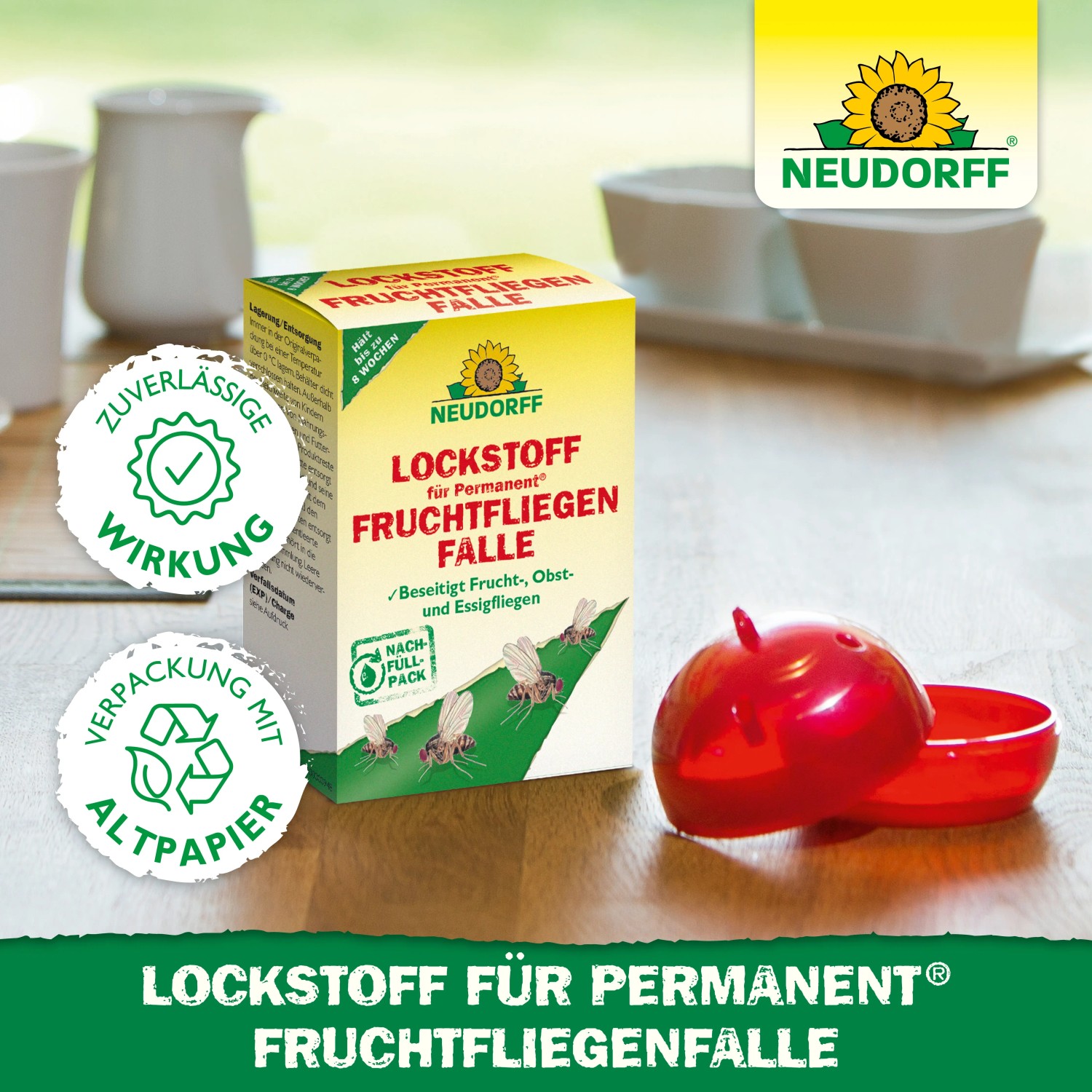Neudorff Permanent Lockstoff Fruchtfliegenfalle, 2er Set. Lockstoff und Falle in Apfelform.