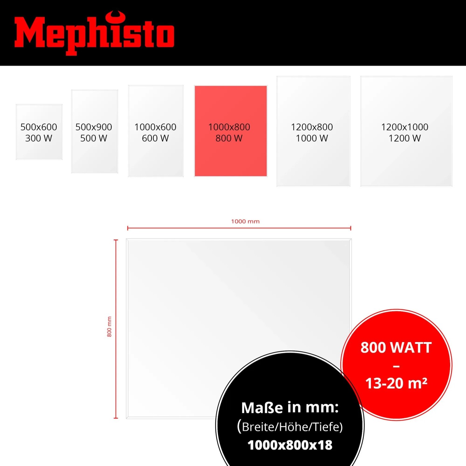 Mephisto Infrarotheizung 800W, Wand-, Decken- oder Standheizung. Abmessungen und Leistungsübersicht.