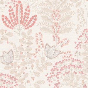 Blumen Tapete in Rosa, Creme-Weiß und Grau mit floralem Muster.