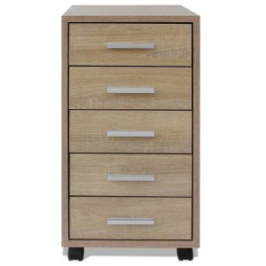 VidaXL Büroschrank auf Rollen, Eichefarben, mit 5 Schubladen und silbernen Griffen.