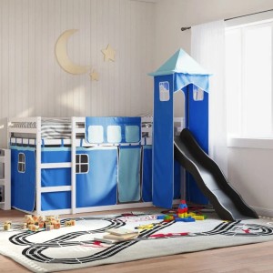 Blaues vidaXL Etagenbett mit Rutsche und Gardinen, ein Abenteuerbett für Kinder.