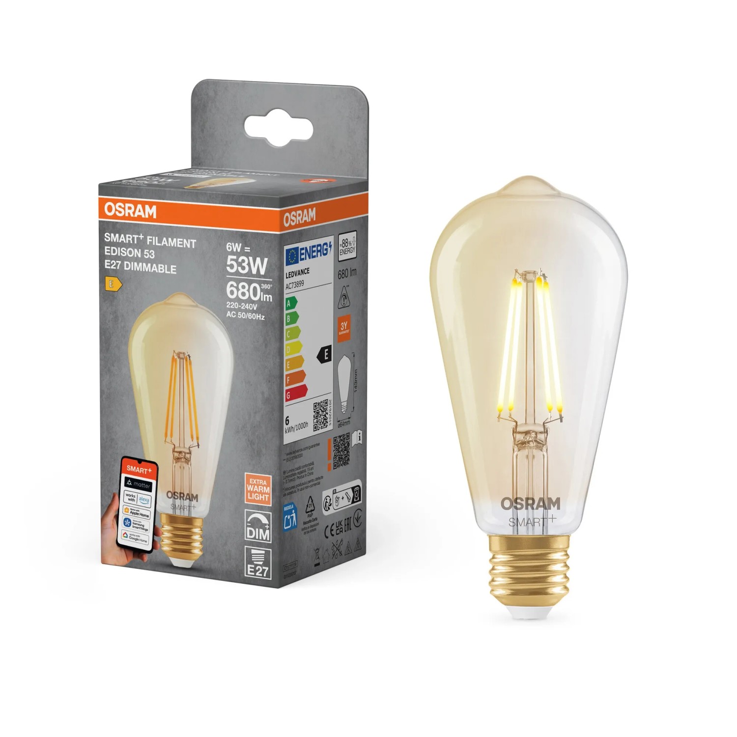 Osram Matter Leuchtmittel E27 Edison E53 Dimmbar 6 W 680,m 14,3 x 6,4 cm