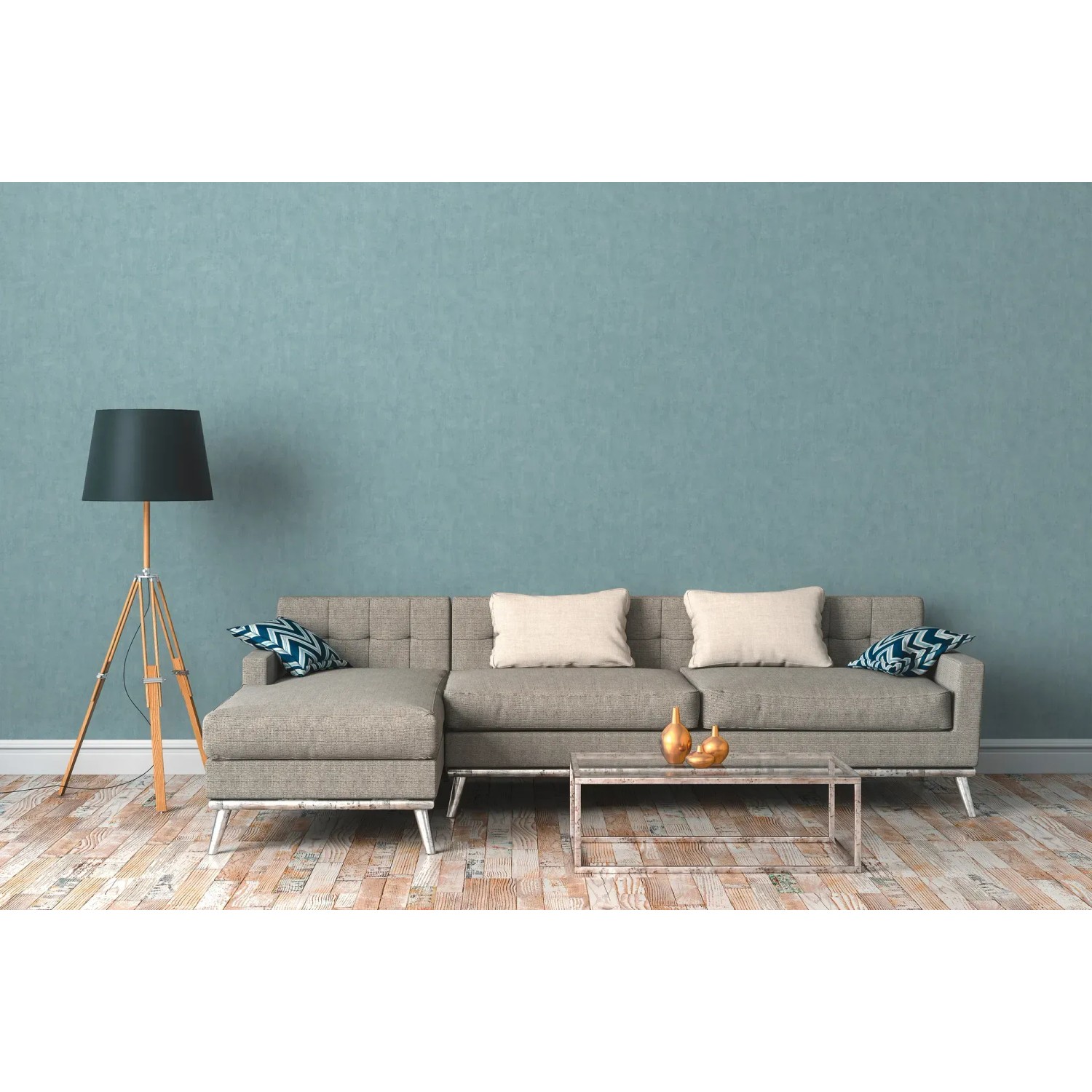 Wohnzimmer mit blauer Vliestapete Uni Matt Leicht Strukturiert FSC® an der Wand.