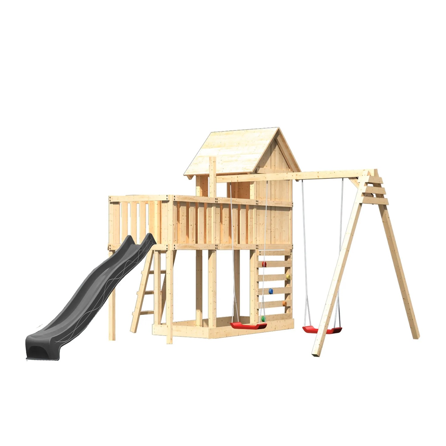 Karibu Spielhaus Frieda mit Rutsche Schaukel Plattform u. Kletterwand