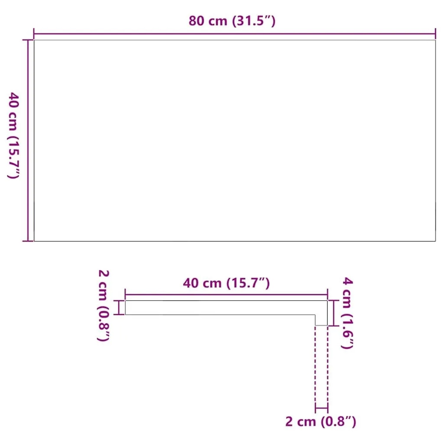 Maßzeichnung der vidaXL Eichen-Fensterbank 80x40x2 cm. Zeigt Länge, Breite, Dicke und Überstand.