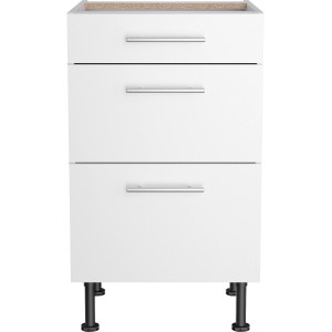 Optifit Unterschrank Bengt932, 50cm, mit 3 Auszügen und Edelstahlgriffen, weiß. Küchenunterschrank für Stauraum.