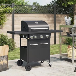 Schwarzer vidaXL Gasgrill mit 4 Flammen und Ablageflächen für die Küchenausstattung.