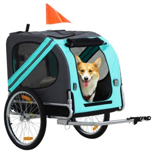 PawHut Hundeanhänger in Grau und Türkis mit Hund. Ideal für sicheren Transport von Kleintieren.