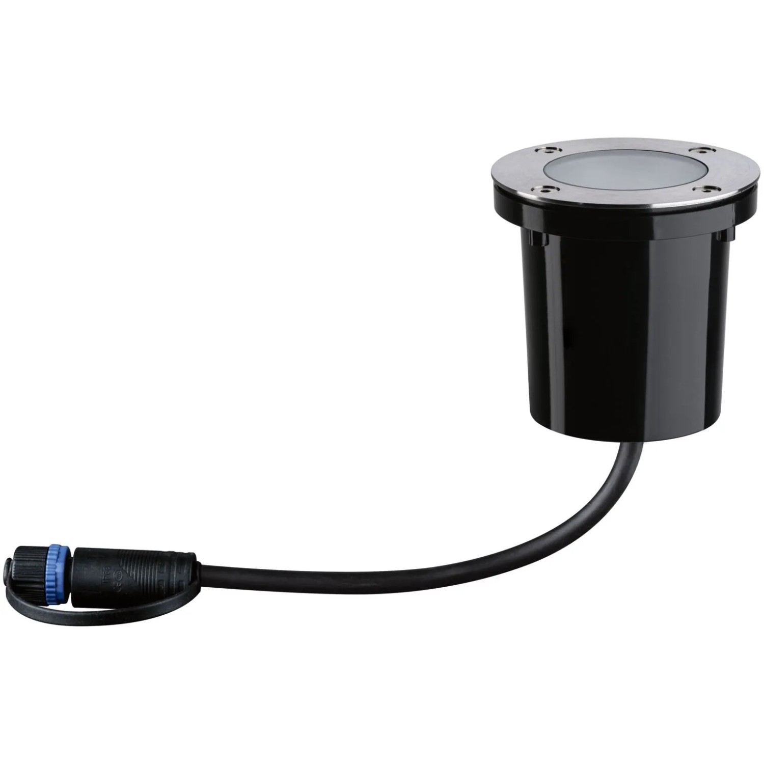 Paulmann LED-Bodeneinbaustrahler Plug & Shine 24V ZigBee, schwarzes Gehäuse mit Kabel und Stecker.