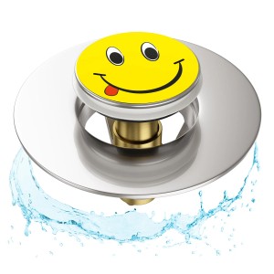 Sanilo Pop Up Waschbeckenstöpsel mit Smiley-Motiv und Wasser.