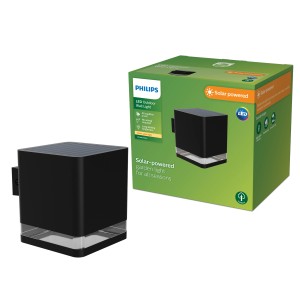 Philips Virona Solar Wandleuchte, schwarz, mit Sensor und Verpackung. Solar-Wegeleuchte für den Außenbereich.