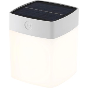 Weiße Solar-Tischleuchte in Quaderform zur Deko-Beleuchtung. LED-Leuchte mit Solarpanel.