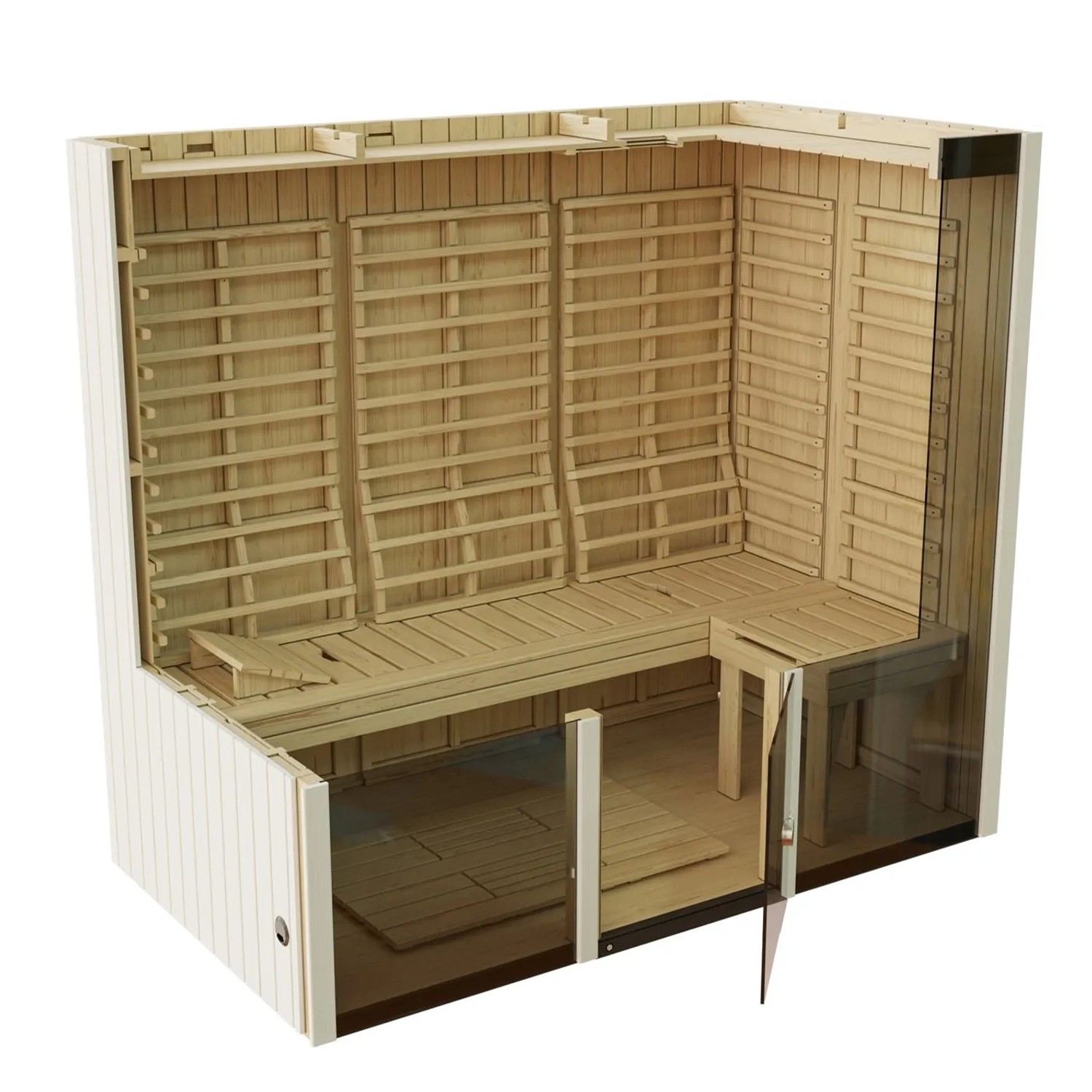 Weka Infrarotkabine Osby 2 mit wekaTherm-Flächenstrahler, Innenansicht mit Liege und Glastür.