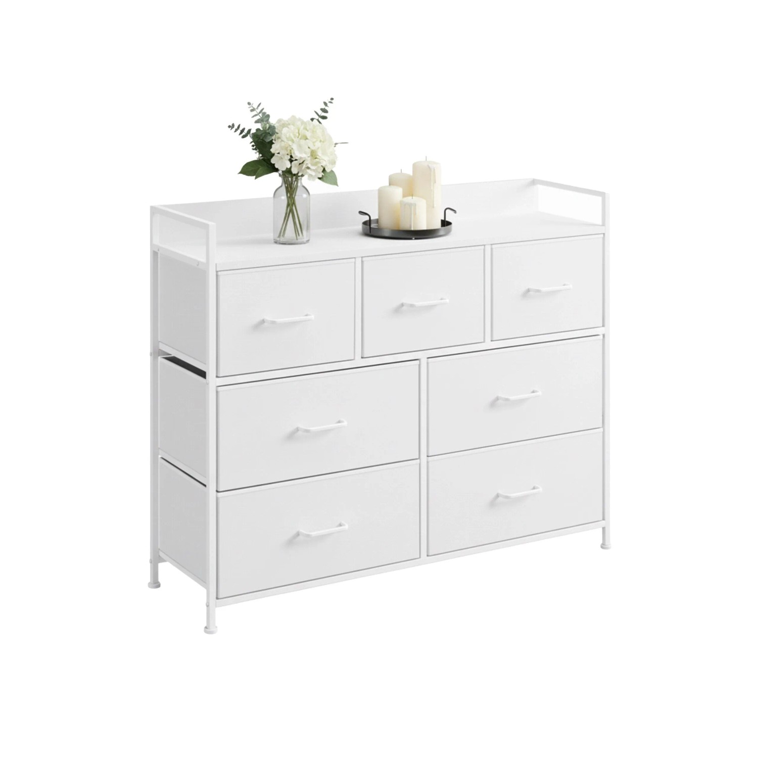 Relaxdays Kommode Metall MDF Stoff Weiß mit 7 Schubladen 98 cm x 85 cm x 28,5 cm 10,2 kg