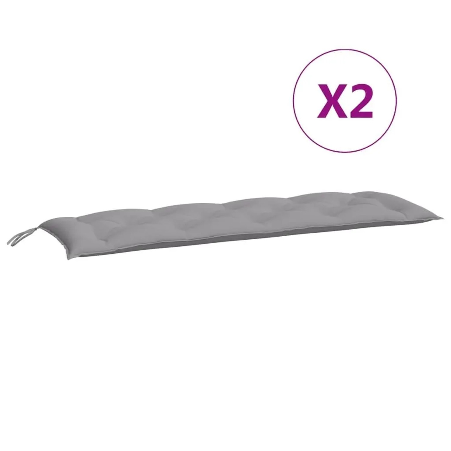 Zwei graue, getuftete Gartenbank-Auflagen (150x50x7 cm) aus Oxford-Gewebe mit Bindebändern.