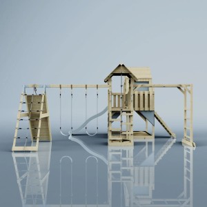 OutdoorToys Spielturm Milo mit Schaukel, Rutsche und Kletterwand in Eisblau.