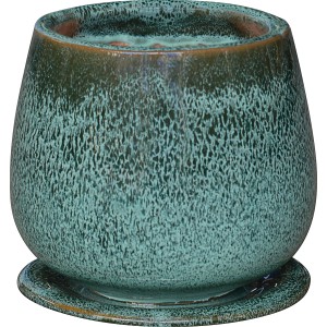 Grüner Keramik-Pflanztopf, 14,5 cm, mit Untersetzer für Innenräume.
