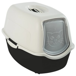 Rotho Katzentoilette Eco Bailey, schwarz/sandfarben, mit Haube und Schwingtür.