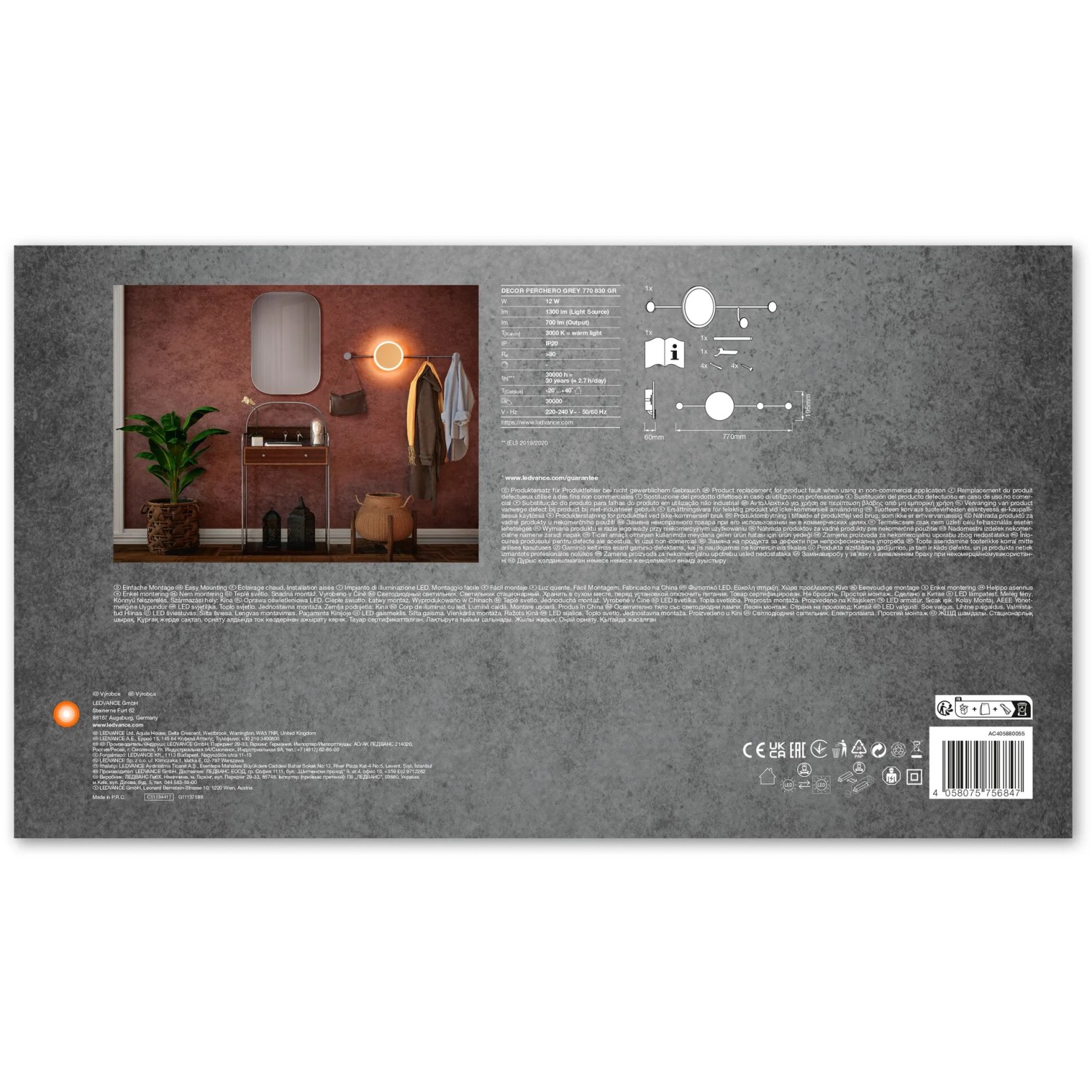 Ledvance Wandlampe Decor Perchero Grau 77 cm mit Kleiderhaken im Flur.